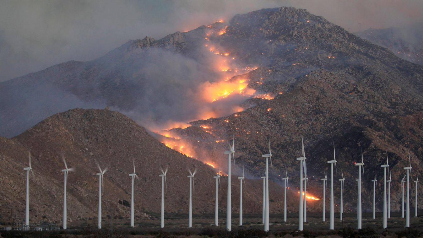 Fire spreads up north side of the San Jacinto Mountains, near wind turbines at the Silver Fire, near Banning