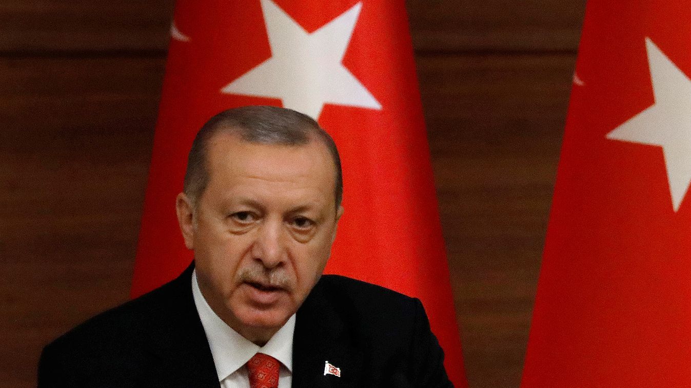 Turkish President Tayyip Erdogan speaks during a meeting with muftis at the Presidential Palace in Ankara