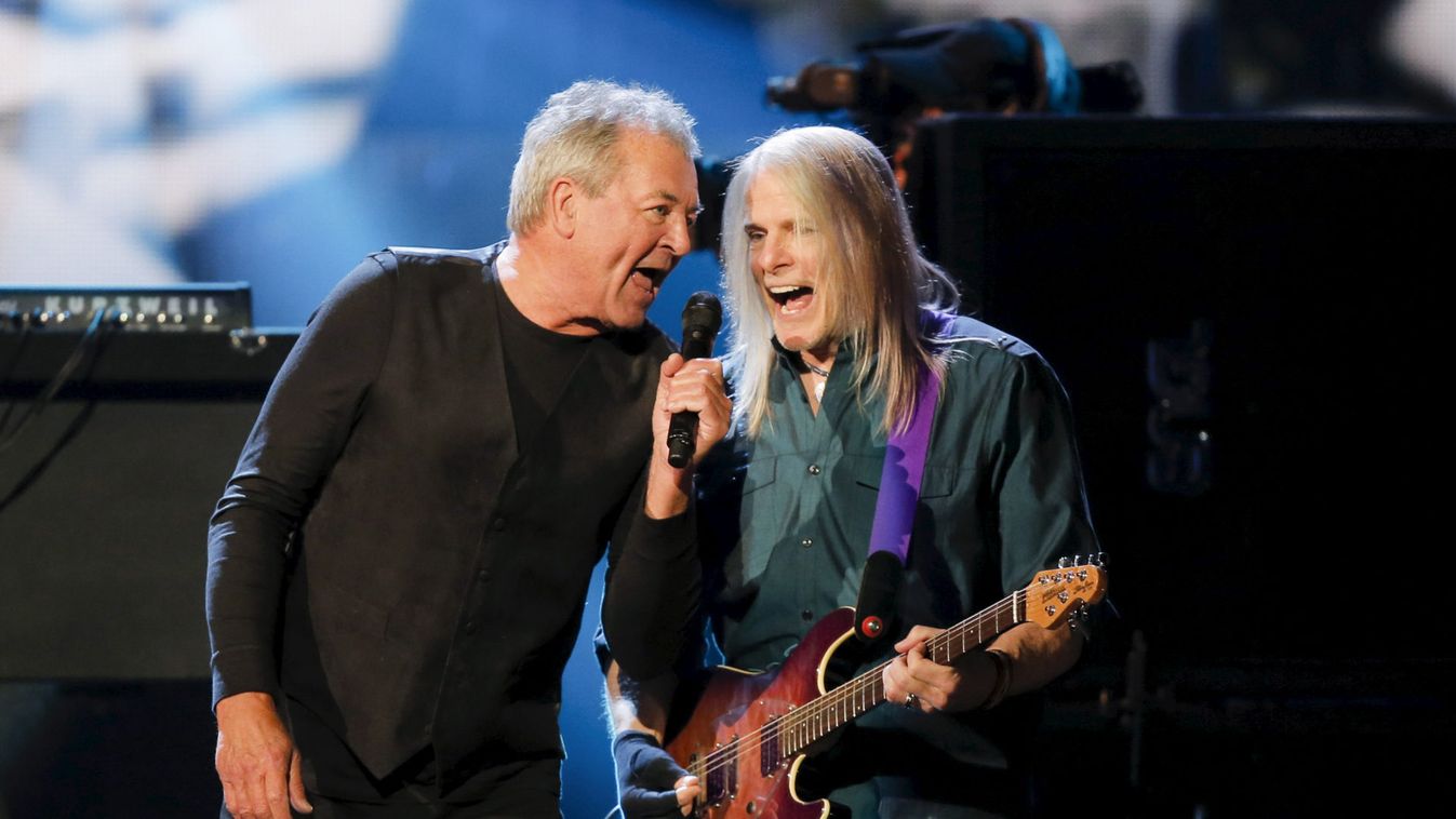Singer Gillan and Morse of Deep Purple perform onstage during the 31st annual Rock and Roll Hall of Fame Induction Ceremony at the Barclays Center in Brooklyn New York