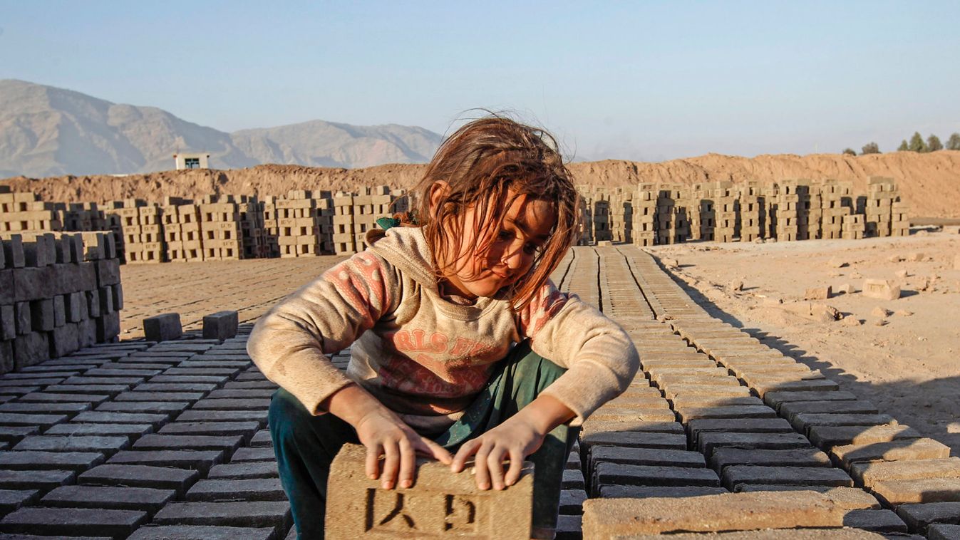 Afghan girl works at a brick-making factory in Nangarhar
