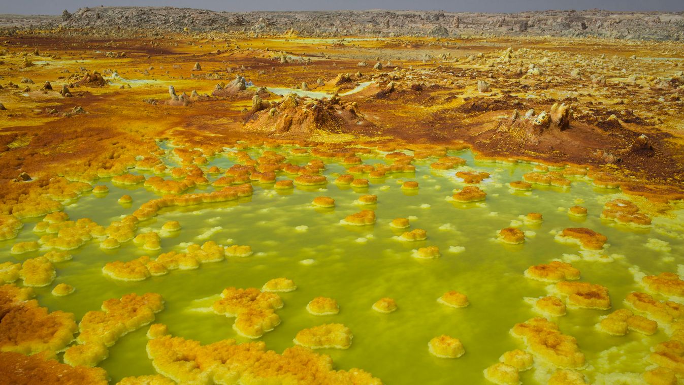 Sulphur and mineral salt formations are seen near Dallol in the Danakil Depression, northern Ethiopia