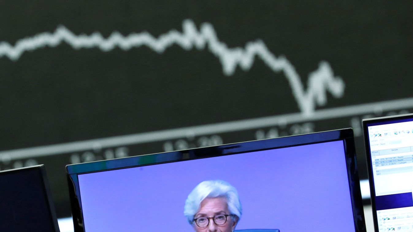 A television broadcast showing Christine Lagarde, President of the European Central Bank (ECB), is pictured during a trading session at Frankfurt's stock exchange in Frankfurt
