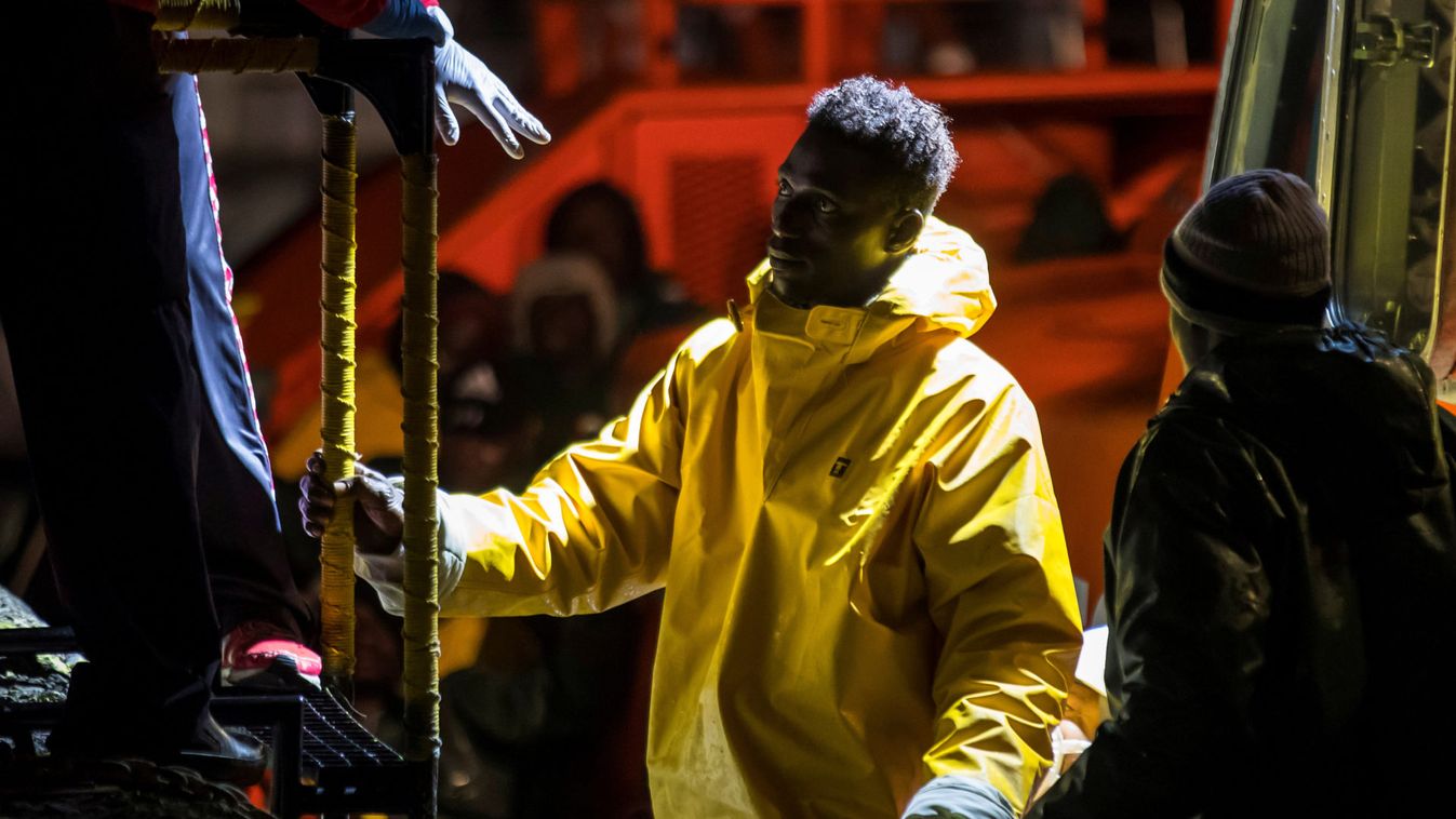 Migrants intercepted off the coast of Gran Canaria arrive aboard a Spanish maritime rescue boat at the port of Arguineguin.