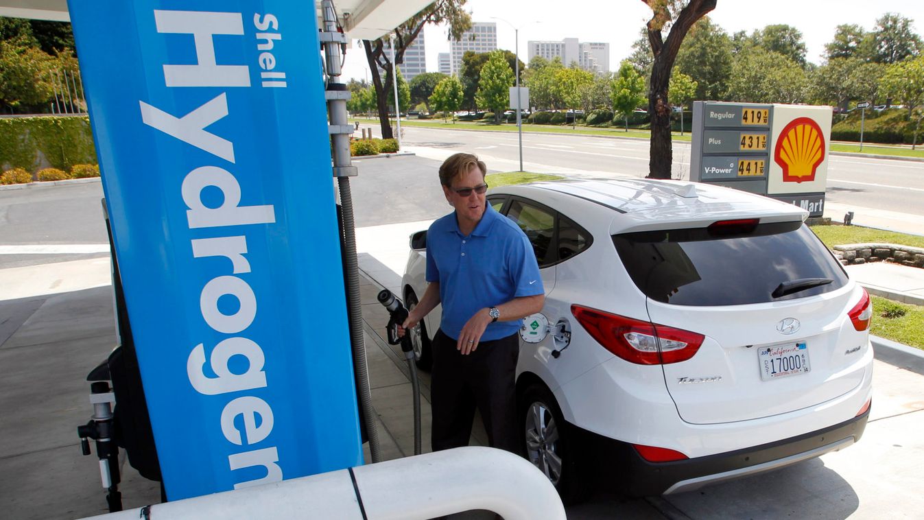 Hyundai Tucson hydrogen fuel cell electric vehicle is filled at pump in Newport Beach, California