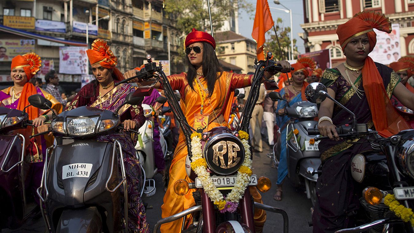 Maharashtrian women dressed in traditional costumes attend celebrations to mark the Gudi Padwa festival in Mumbai 