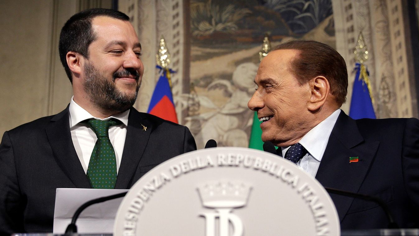 Forza Italia leader Berlusconi and League party leader Salvini speak following a talk with Italian President Sergio Mattarella at the Quirinale palace in Rome