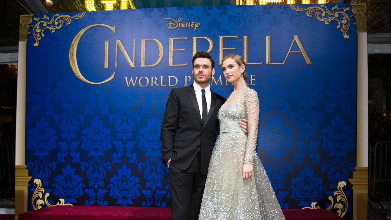 Cast members James and Madden pose at the premiere of "Cinderella" at El Capitan theatre in Hollywood