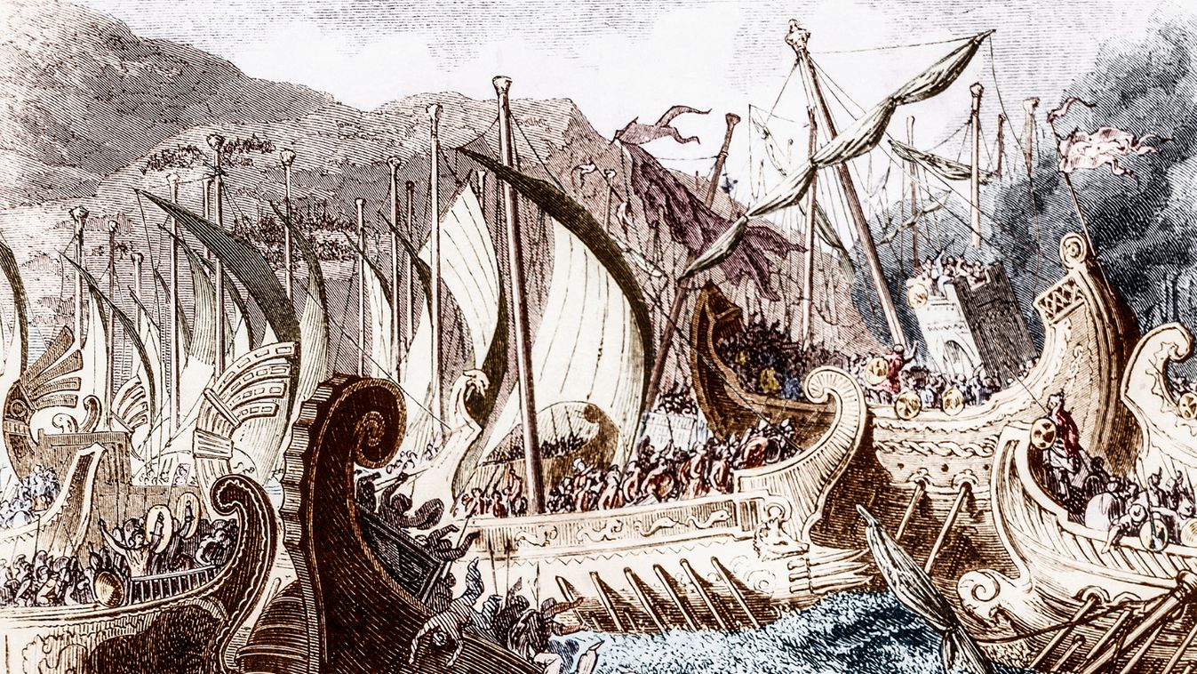 BATTLE OF SALAMIS, 480 B.C. The sea battle between the Persian army led by King Xerxes I and the Greek army led by Themistocles at Salamis, 480 B.C. Digitally colorized. Original: image no 00057221