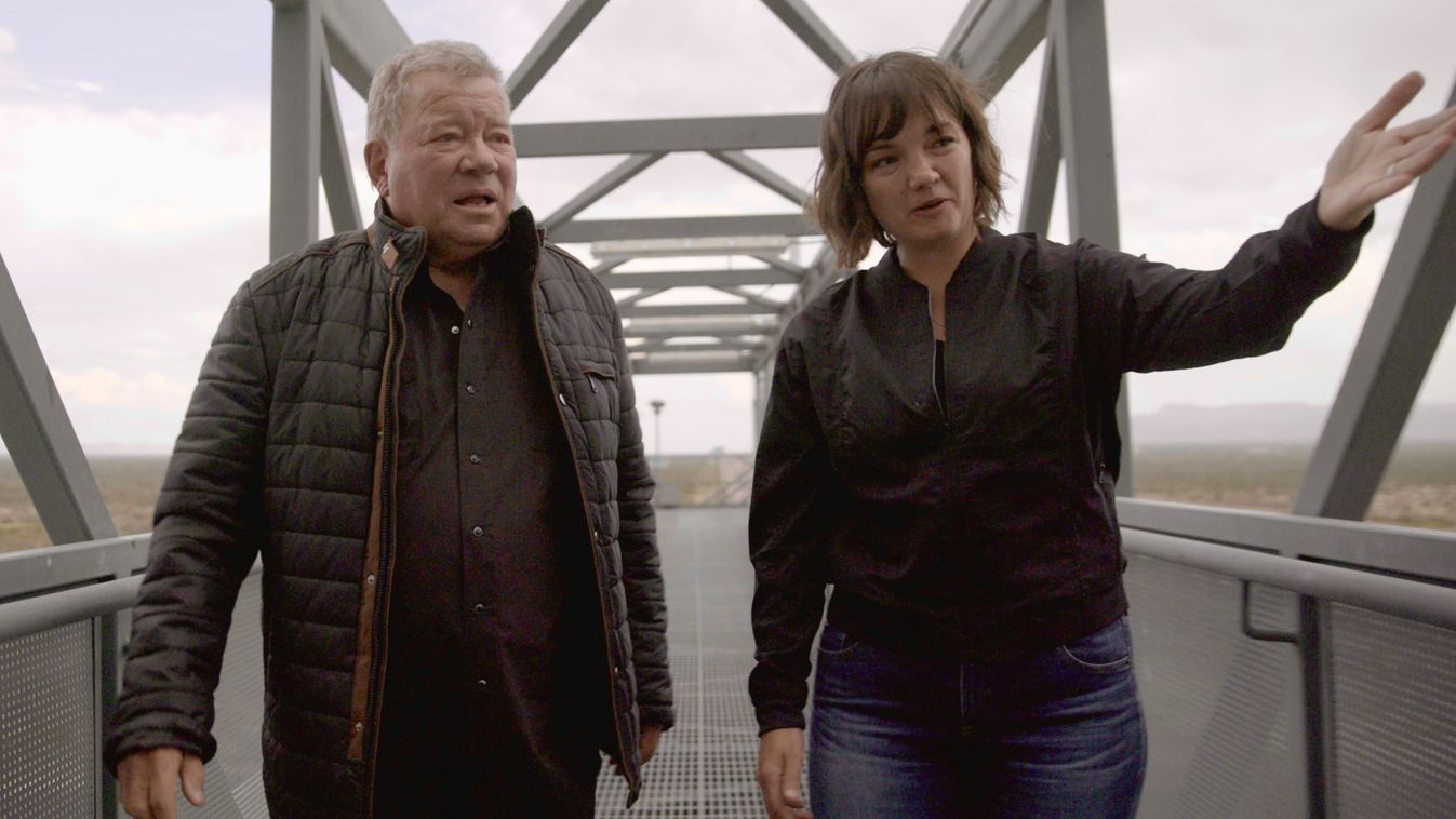William Shatner tours the launch tower with Blue Origin's Sarah Knights at Launch Site One