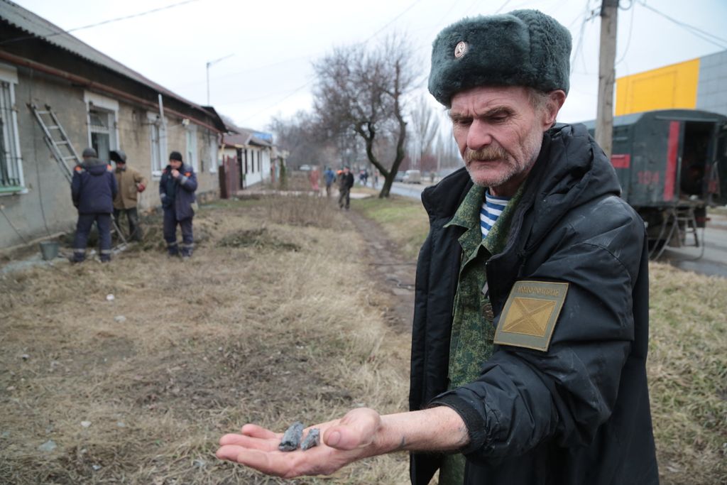 A destroyed buildings allegedly targeted by shelling in Donetsk