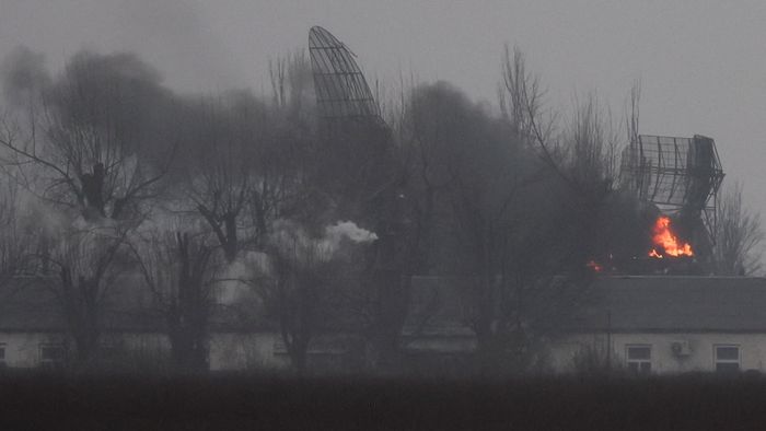 A Ukrainian military installation is seen, after Russian President Vladimir Putin authorized military operation in eastern Ukraine, in Mariupol