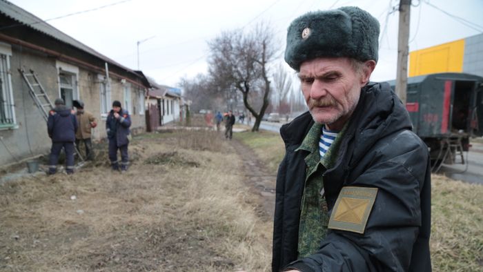 A destroyed buildings allegedly targeted by shelling in Donetsk