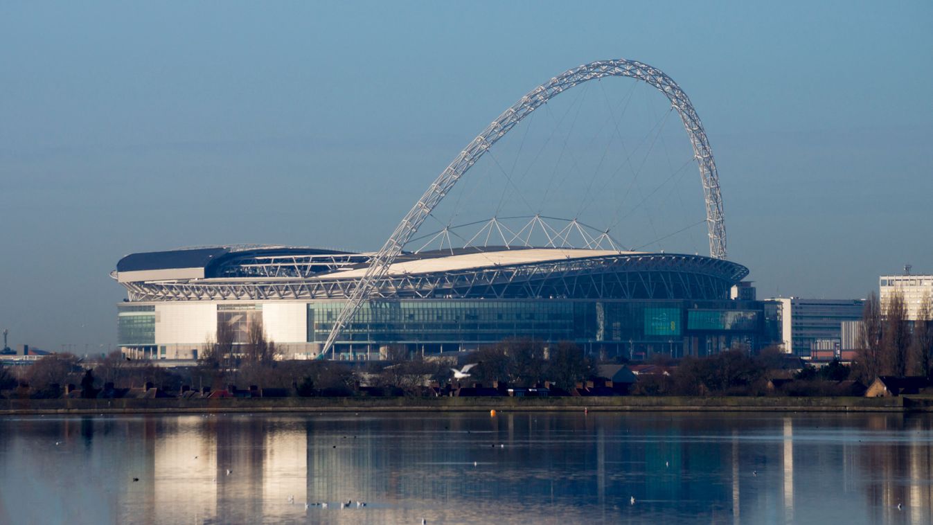 Wembley Stadium across Welsh Harp Lake, London, England, United Kingdom, Europe