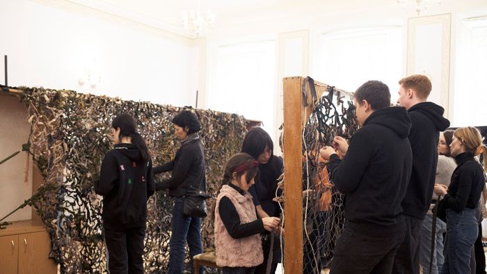 UKRAINE - VOLUNTEERS MAKING CAMOUFLAGE NETS IN VLIV FOR THE SOLDIERS AT THE FRONT IN EASTERN UKRAINE