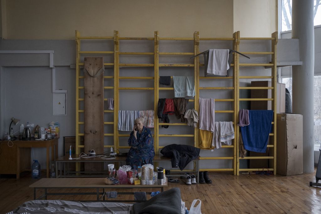 Civilians take shelter at sports hall of Lviv Polytechnic University