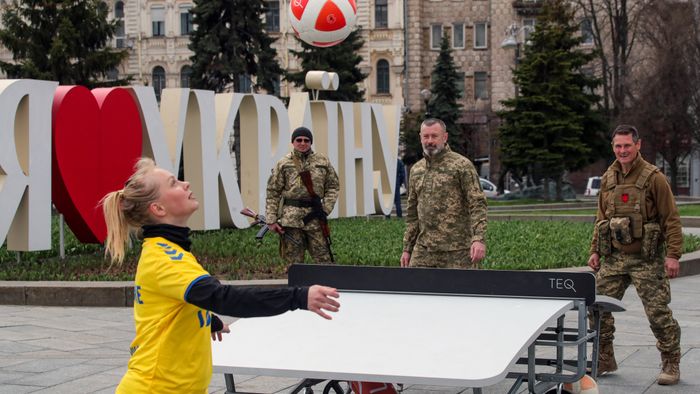 Territorial Defence Soldiers Play Teqball In Kyiv