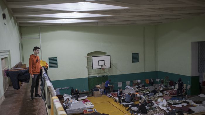 Civilians take shelter at sports hall of Lviv Polytechnic University