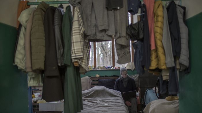 Civilians take shelter at sports hall of Lviv Polytechnic University