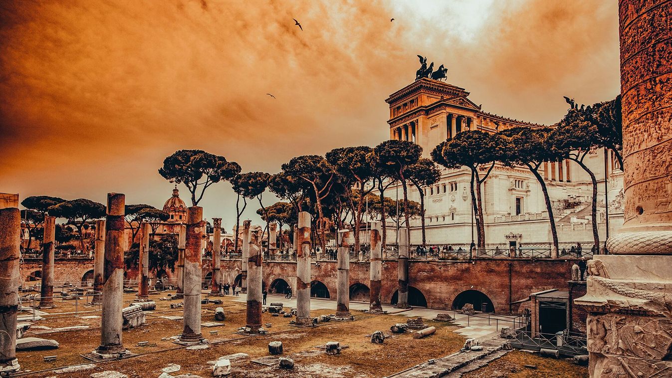 Dramatic view of the ancient city of Rome with Trajan Forum.