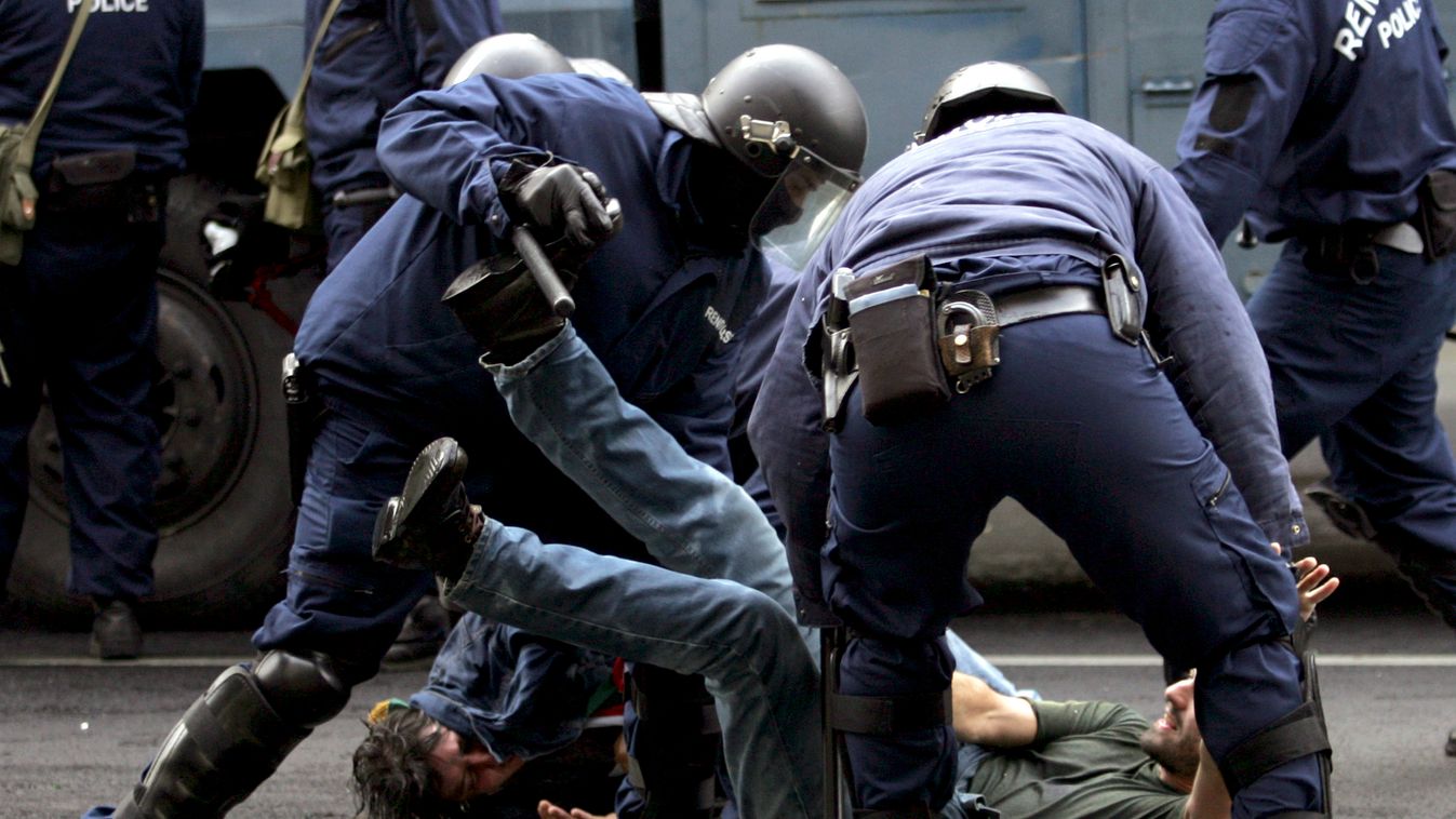 File photo of riot police arresting protesters during anti-government demonstration in Budapest