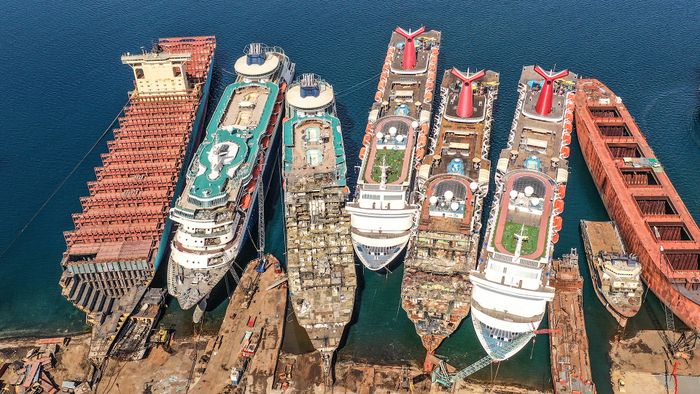 A drone image shows decommissioned cruise ships being dismantled at Aliaga ship-breaking yard in the Aegean port city of Izmir