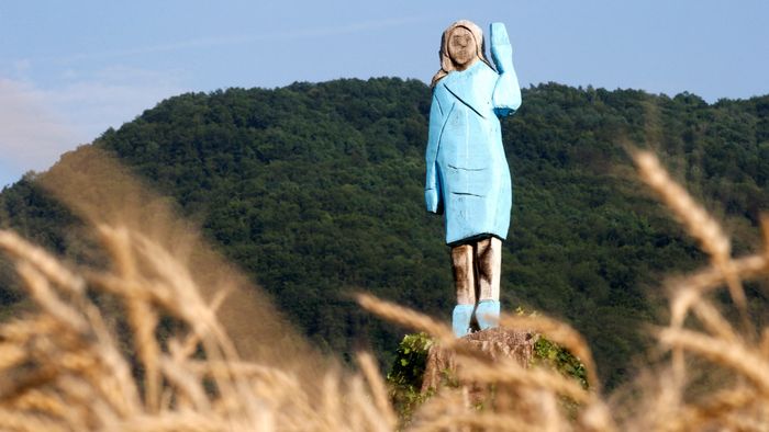 Life-size wooden sculpture of U.S. first lady Melania Trump is officially unveiled in Rozno, near her hometown of Sevnica