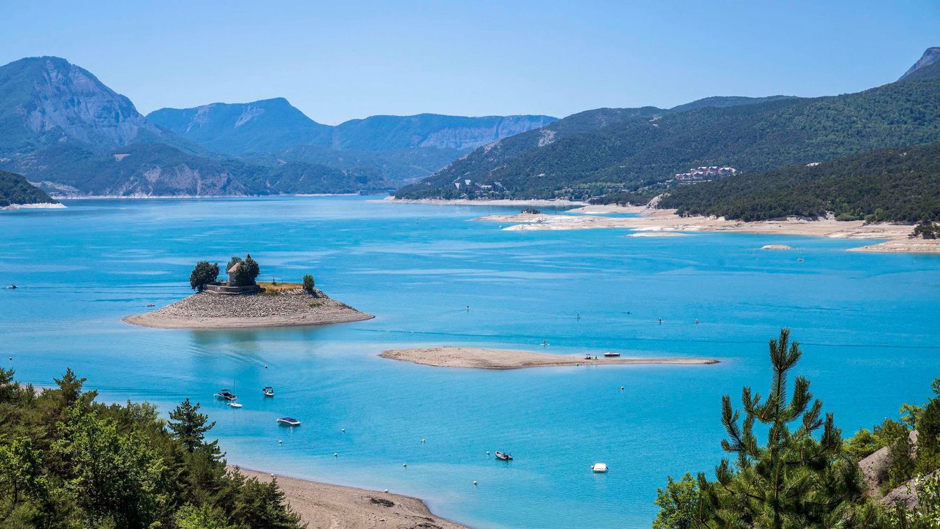 France hautes alpes prunieres serre poncon lake on durance drying up lake meters below