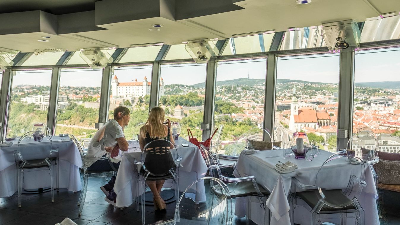 Slovakia bratislava restaurant panoramic tower novy most bridge offering view whole city