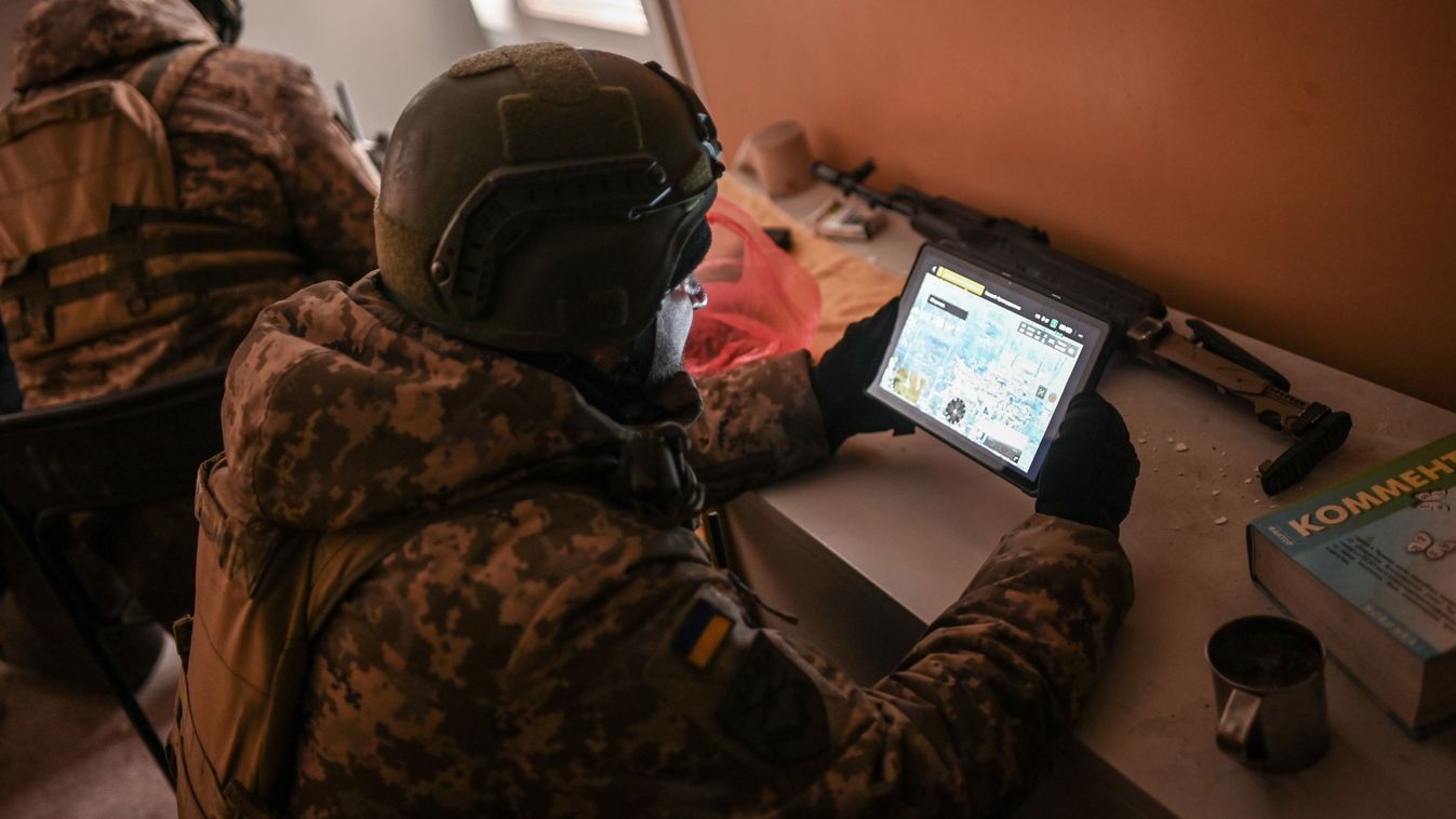 Bakhmut, Ukraine: Ukrainian reconnaissance soldiers use multi-rotor surveillance drones to support artillery fire missions.
