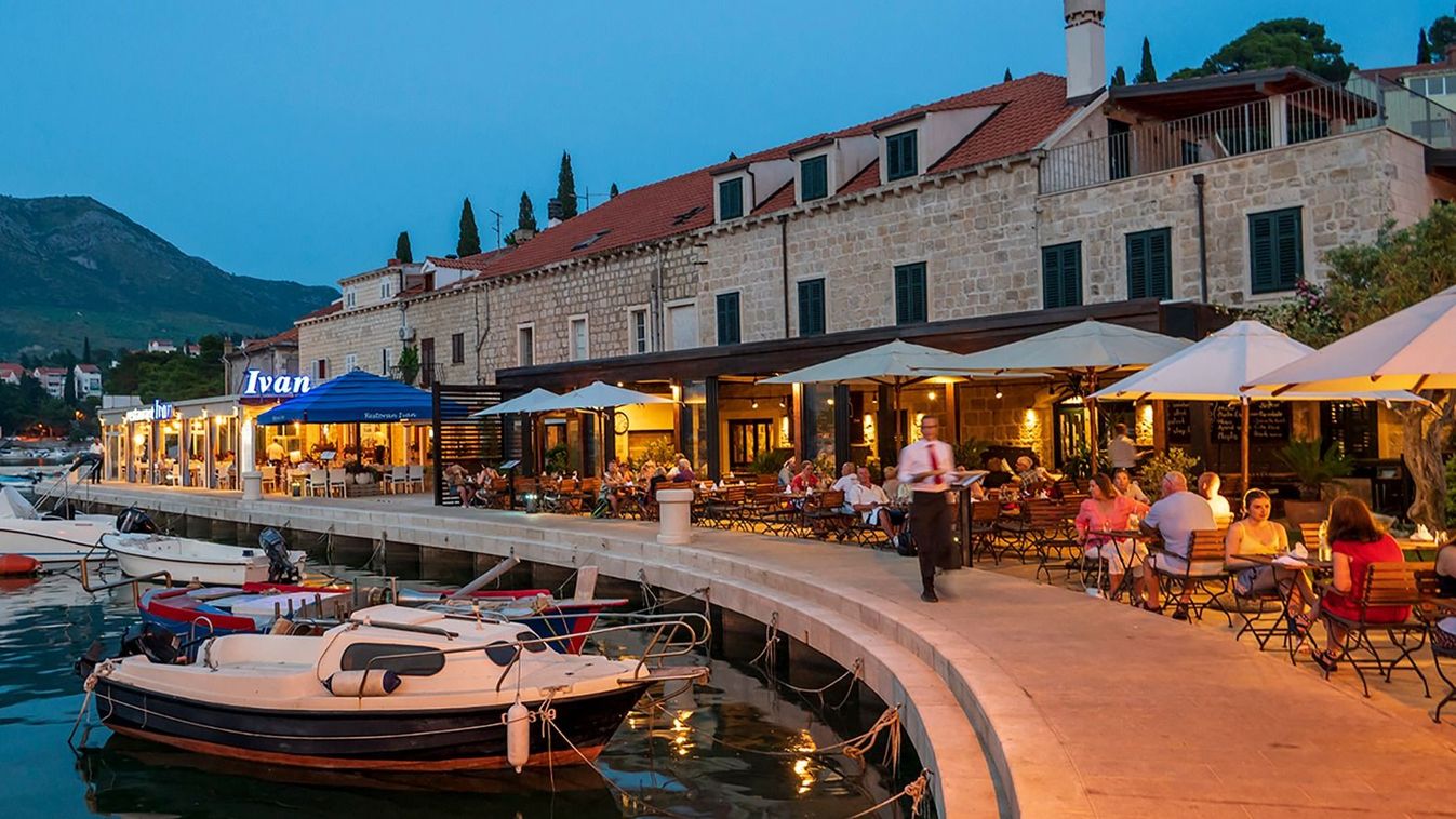 Restaurants on the waterfront, Cavtat on the Adriatic Sea, Cavtat, Dubrovnik Riviera, Croatia