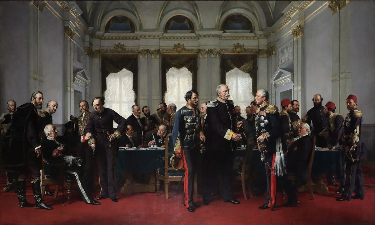 A berlini kongresszus (középen Andrássy Gyula kék egyenruhában, Otto von Bismarck német kancellár fekete ruhában és Suvalov orosz diplomata díszöltözetben), Anton von Werner alkotása