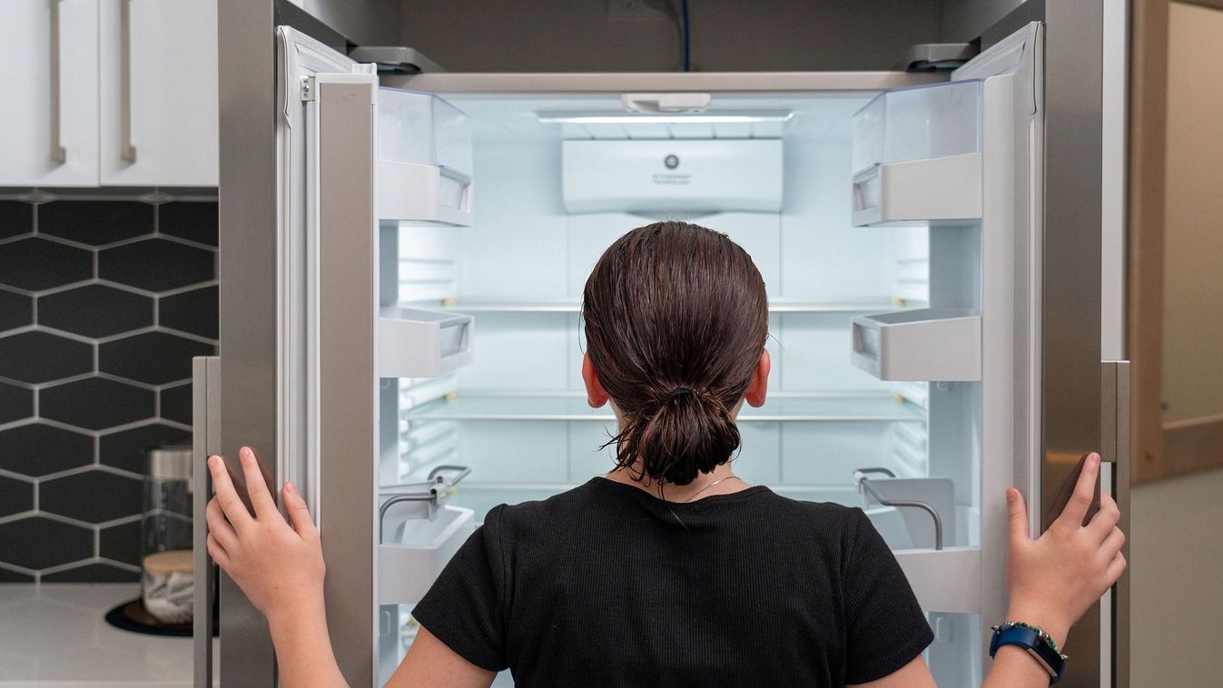 Close-up,Of,Young,Girl,Looking,Into,An,Empty,Refrigerator,Fridge,