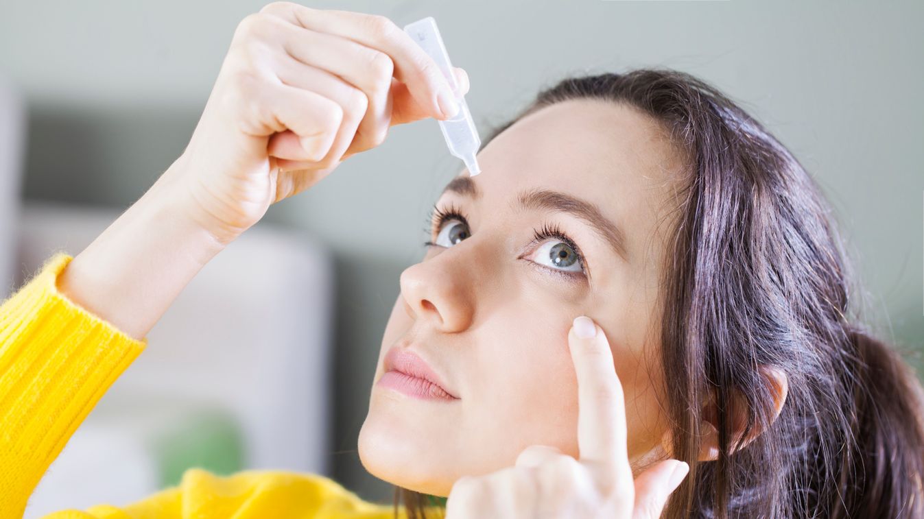 Young,Woman,Uses,Eye,Drops,For,Eye,Treatment.,Redness,,Dry