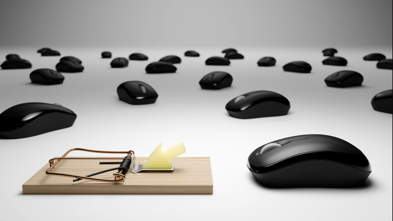 3D Rendered Computer Mice and Mousetrap Conceptual Clickbait Image