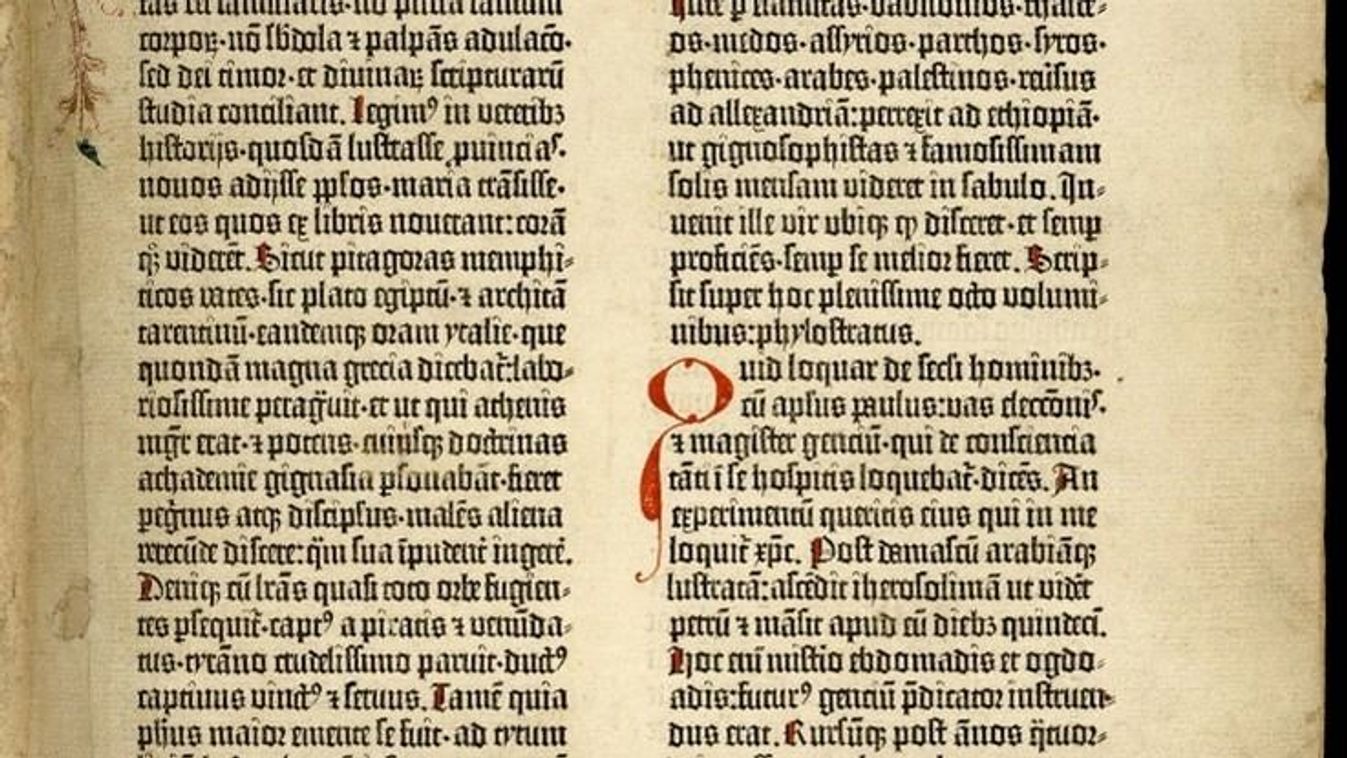 Gutenberg 42 soros Bibliájának egyik oldala (Forrás: Wikimedia Commons)
