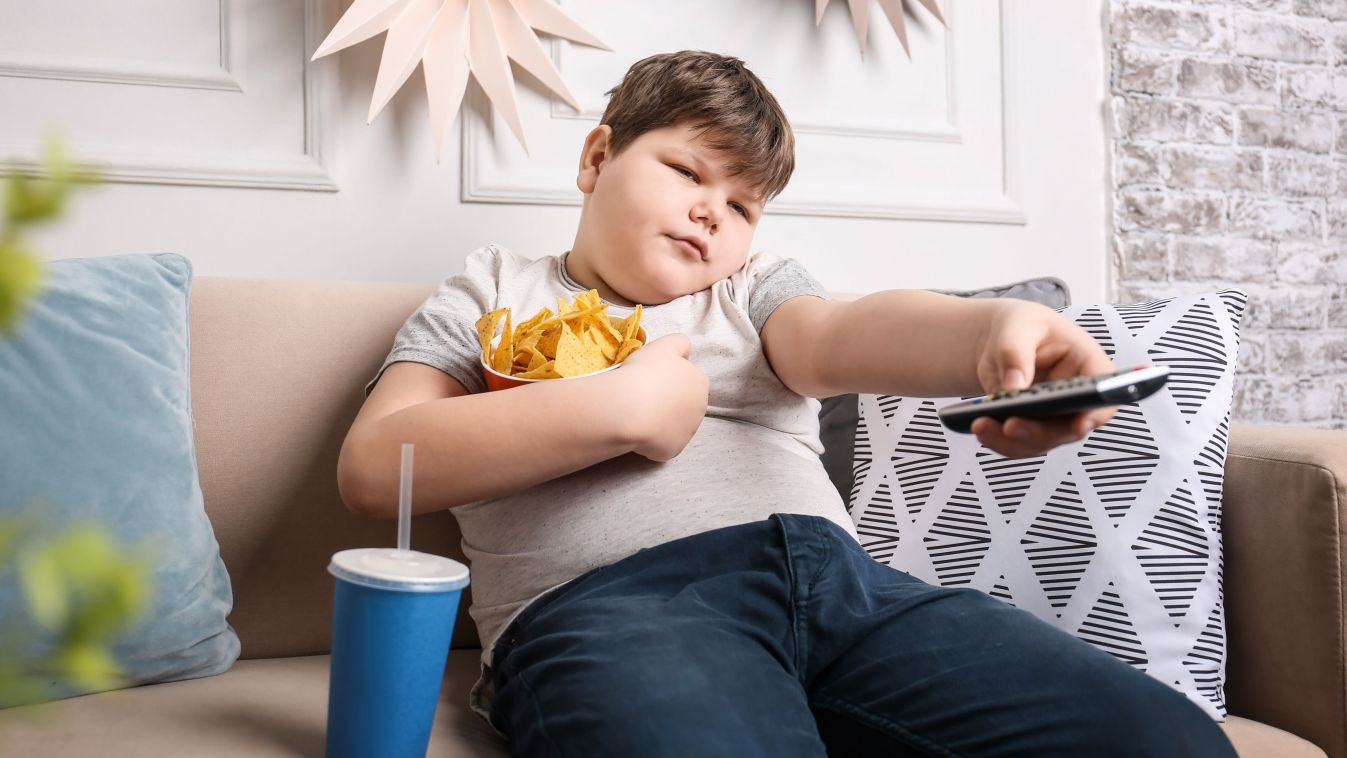Overweight,Boy,Watching,Tv,With,Snacks,Indoors