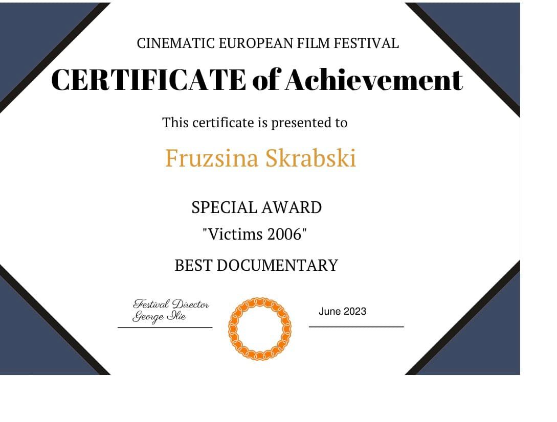 Skrabski Fruzsina a Cinematic European Film Festivalon szerzett díjának oklevele