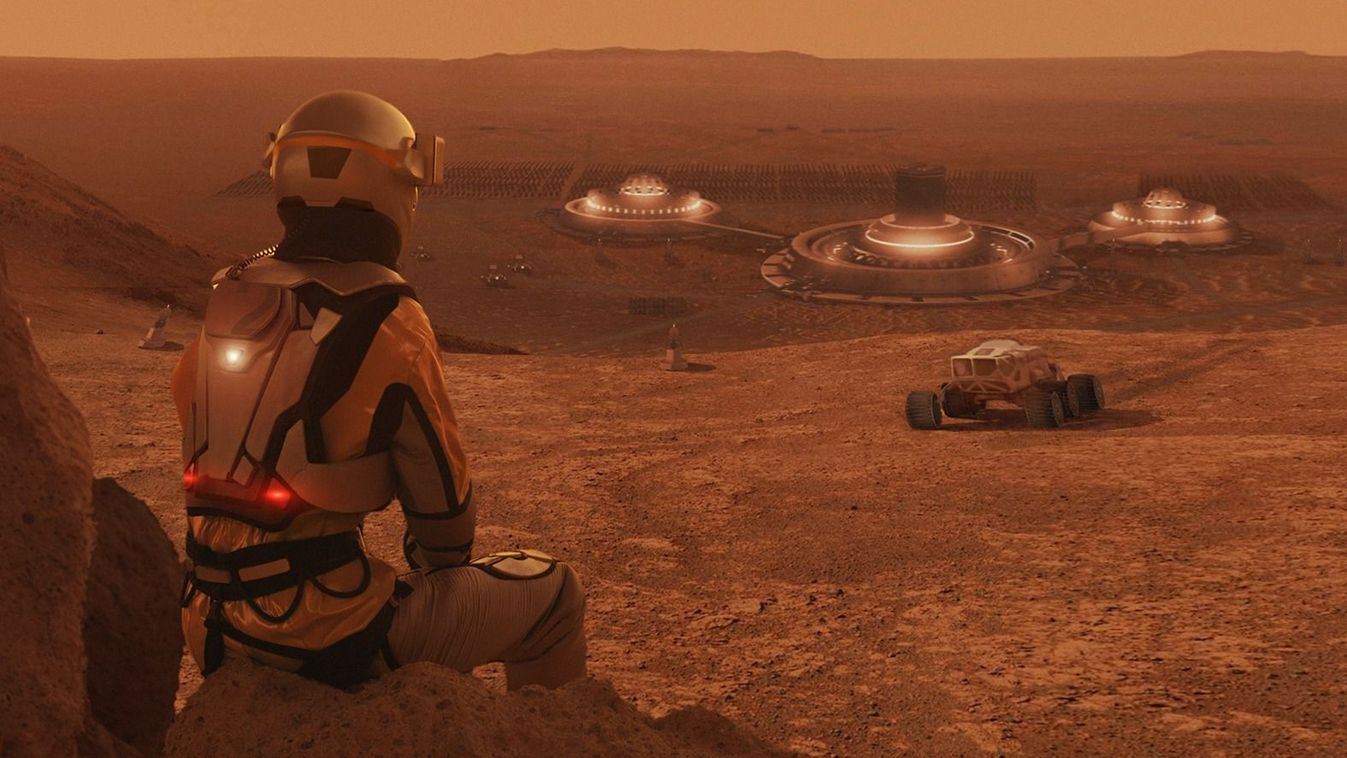 Astronaut on planet Mars watching a rovers. Earth colonization in Space