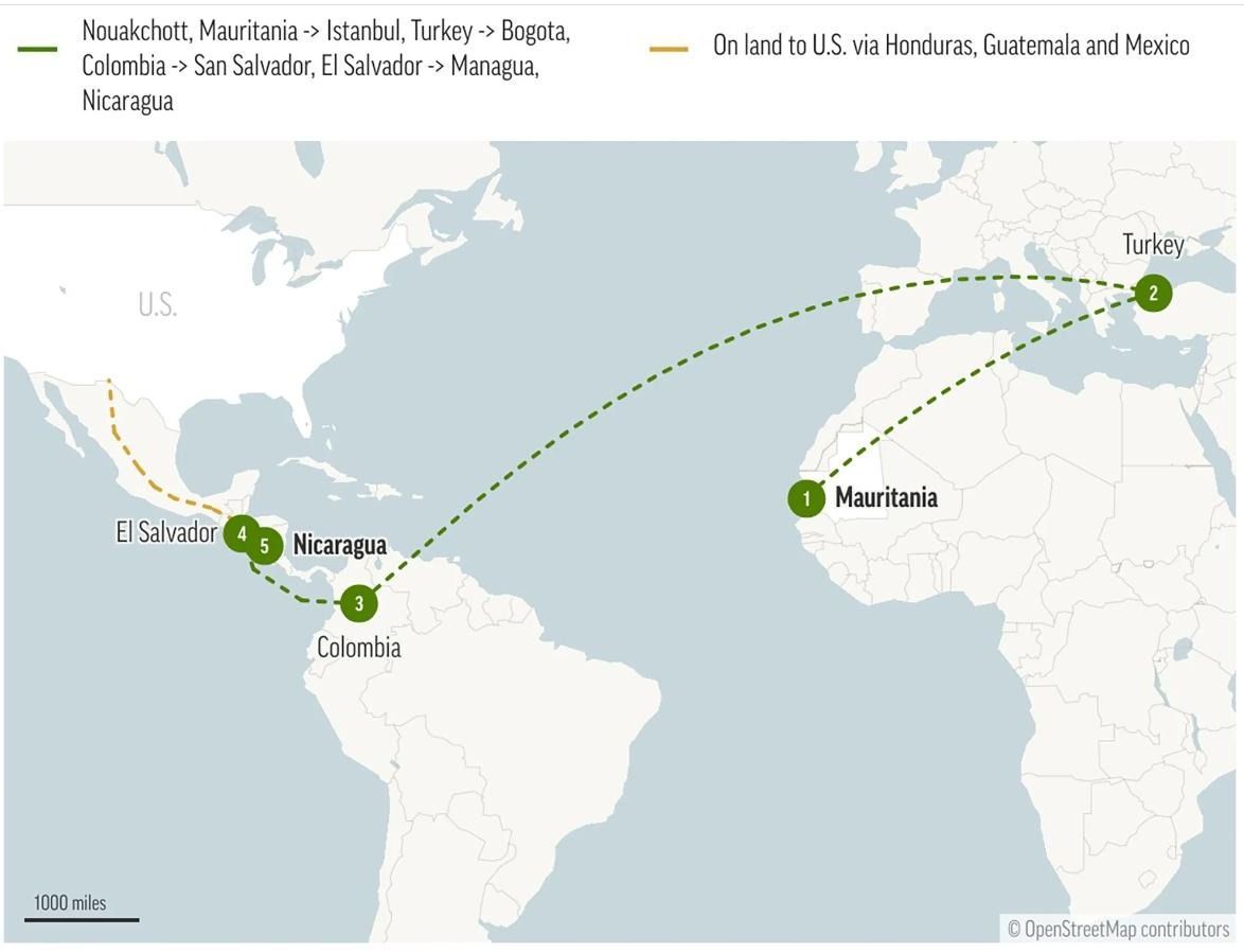 A közösségi médiában terjengő új útvonal Mauritániából az Egyesült Államokba. (Forrás: AP Reports)