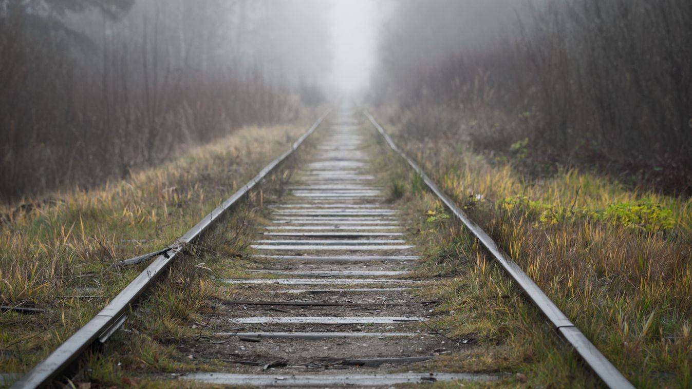 Perspective,View,Of,An,Old,Abandoned,Railway,In,A,Foggy, vonat, vasúti sín, vasút