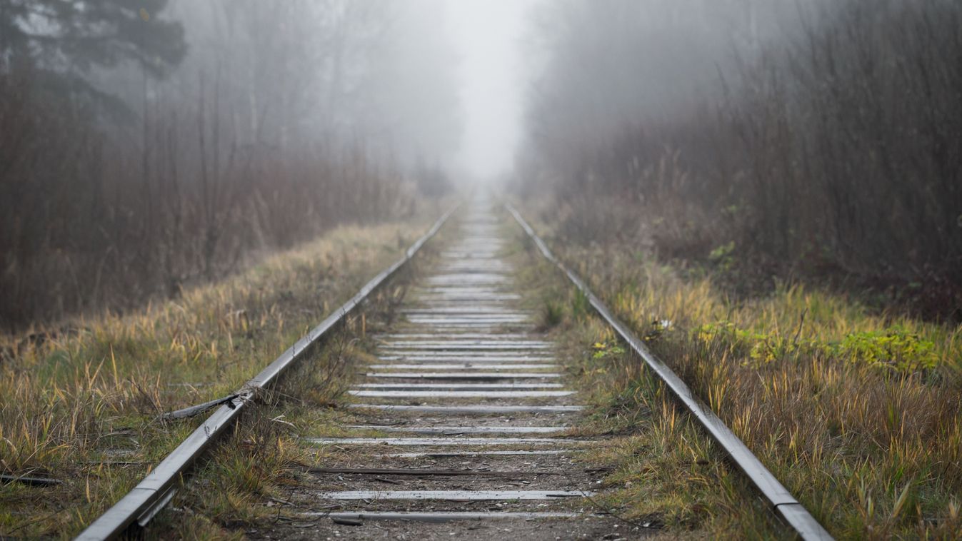 Perspective,View,Of,An,Old,Abandoned,Railway,In,A,Foggy