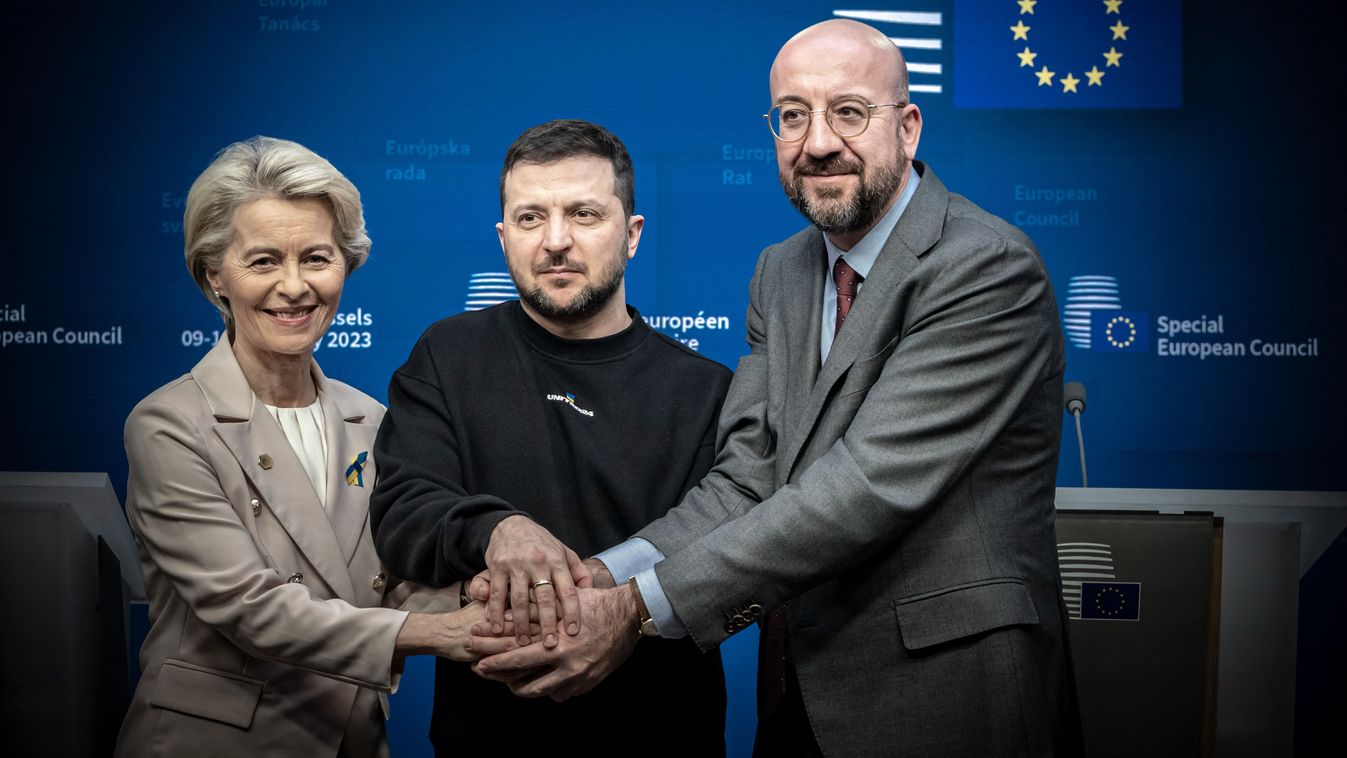 President Of Ukraine Volodymyr Zelenskyy Holding Hands With EU Leaders At The European Council