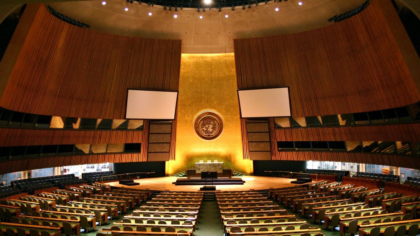 Az ENSZ Közgyűlésének terme New York-ban az ENSZ székházában. (Forrás: Xie Feng / Twitter)