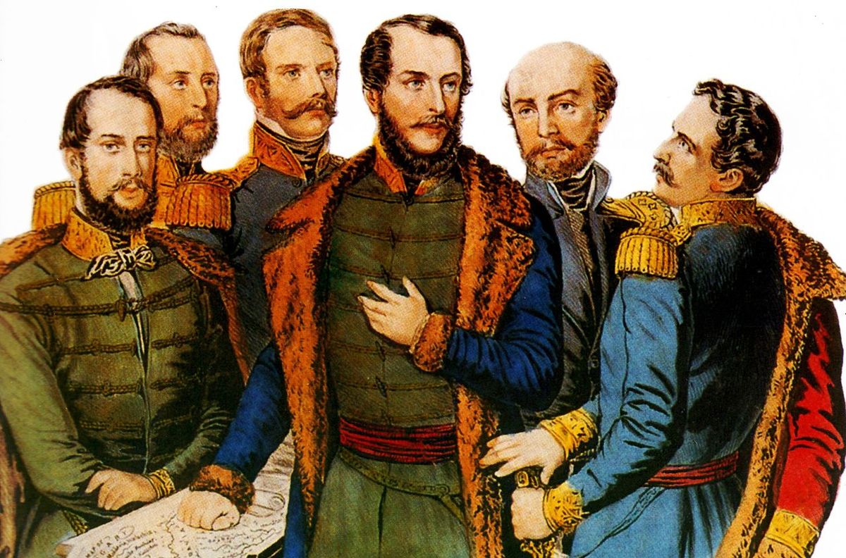 Kossuth Lajos tábornokai körében. Balról: Klapka György, Perczel Mór, Henryk Dembiński, Kossuth Lajos, Bem József és Aulich Lajos. Színezett litográfia