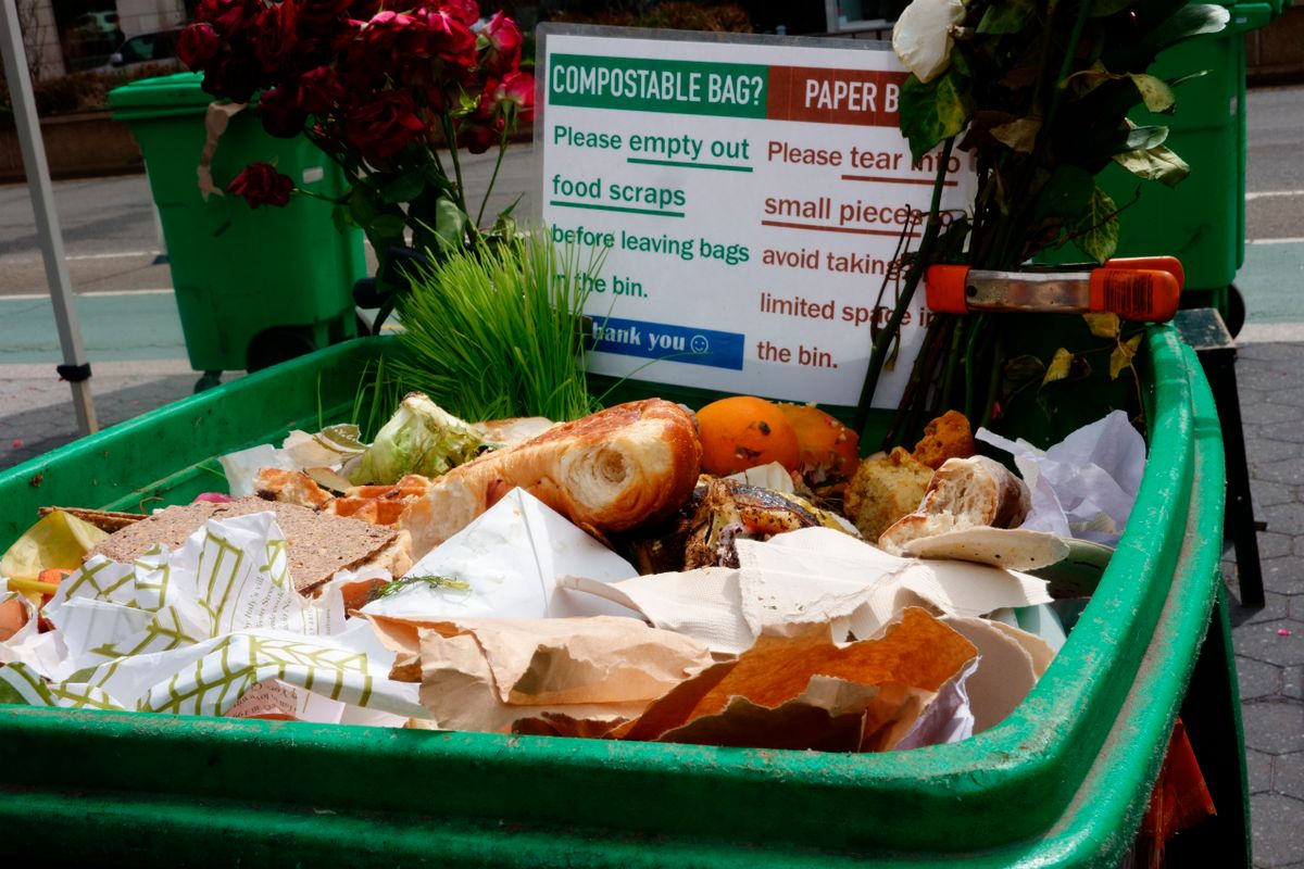 Bin with compost items and suggestions on what to do with paper and compostable bags, Union Square Farmer's Market, New York City