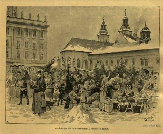 Karácsonyi vásár Budapesten a Városház téren, háttérben a Belvárosi-templom (Forrás: Vasárnapi Ujság, 1890. december 21.