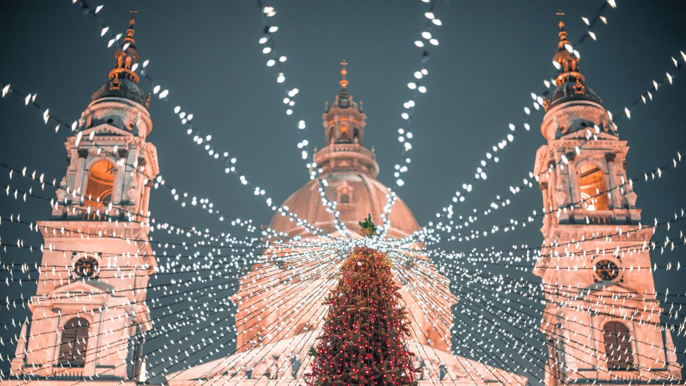 Christmas,Tree,In,Front,Of,Basilica,In,Budapest,,Hungary