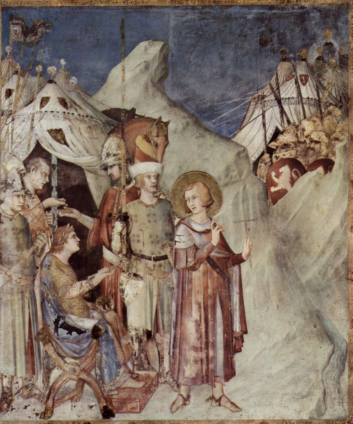 Szent Márton megkeresztelkedése után kilép a hadseregből, mondván: „Krisztus katonája vagyok, így nem harcolhatok!” Simone Martini freskója. (Forrás: Wikipedia.com)