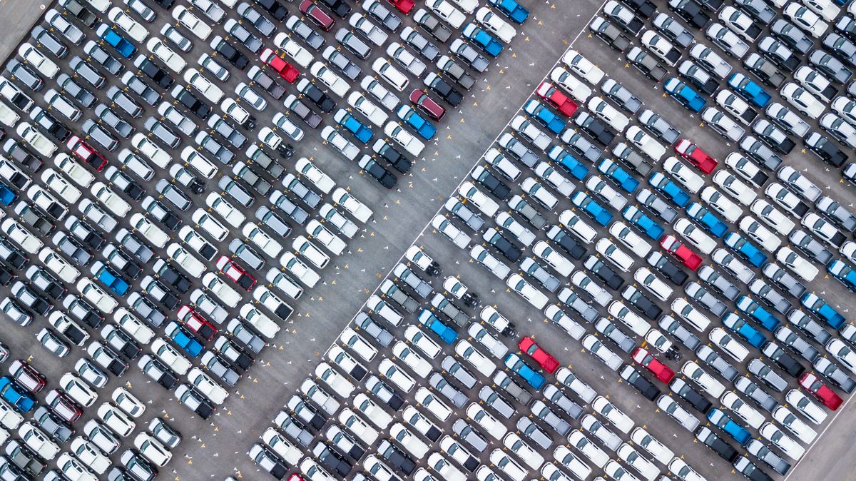 Aerial,View,New,Car,Lined,Up,In,The,Port,For