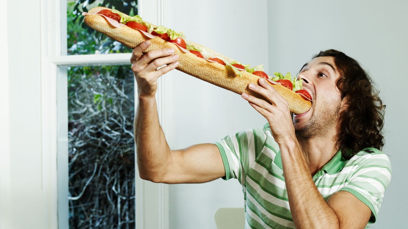 Portrait of man eating big baguette
zabálás